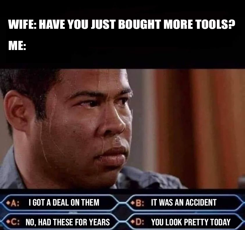 ToolManiacUK's tweet image. What answer would you give in order to win the big prize of keeping your new tools? 🤔

Comment below if you&apos;ve ever been in a situation like this and tell us what you did/said to try to save yourself 😇

#toolhumour #toolmeme #whowantstokeeptheirtools #phoneafriend
