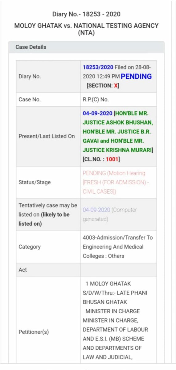Hbarandbench's tweet photo. [ब्रेकिंग] न्यायमूर्ति अशोक भूषण कल (4 सितंबर) को कोविड19 के मद्देनजर #JEE_NEET के आयोजन को स्थगन की मांग करने वाले विपक्षी राज्यों के 6 मंत्रियो द्वारा दायर पुनर्विचार याचिका पर सुनवाई वाली पीठ का नेतृत्व करेंगे

#SupremeCourt 
#JEEFailedPostponeNEET 
#speakForStudentssafety https://t.co/KZLdYKtlAW