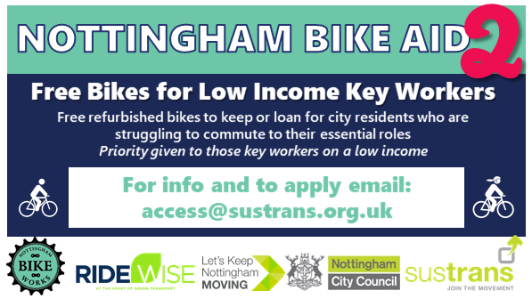 SustransEMids's tweet photo. Know anyone who lives or works in Nottingham, on a low income and  struggling to travel to work?  Check out https://t.co/WRIX9reYCr for more info.  Spread the word! @RideWiseUK @nottsbikeworks @JCPInNotts @Transport_Nottm @nottmjobs @RenewalTrust @LoveBulwell @MyNottingham https://t.co/Z0kl2AScPS