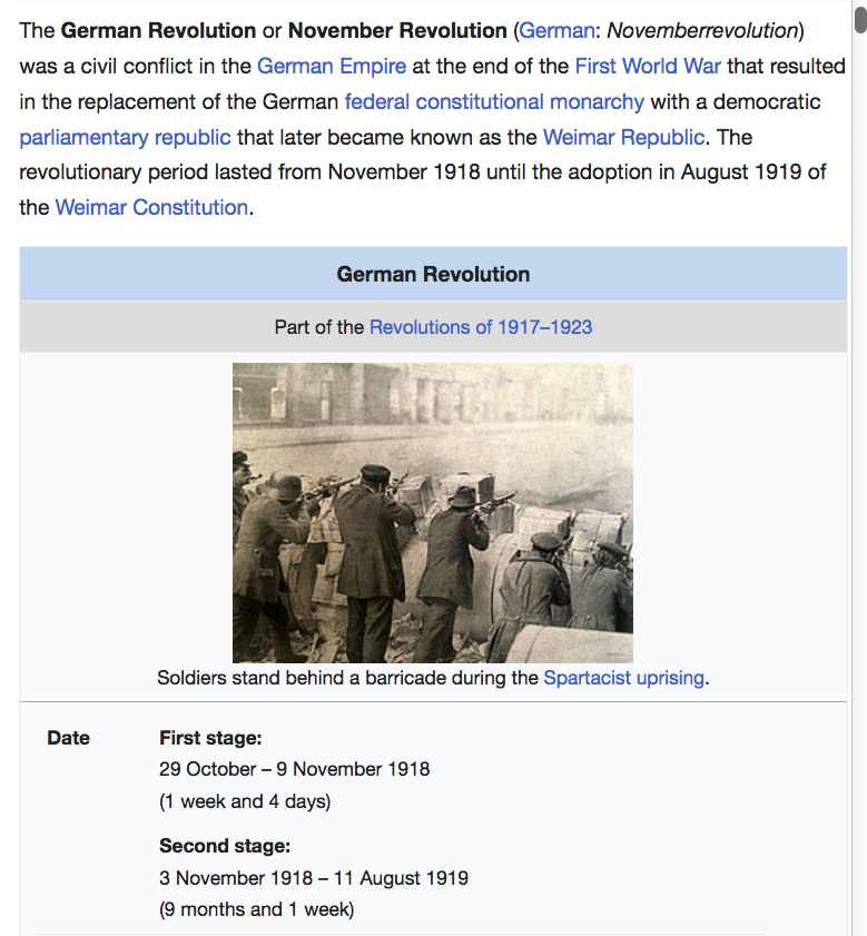 El esfuerzo de guerra alemán colapsó en 1918 cuando los comunistas lideraron huelgas en fábricas de municiones y lanzaron una revolución violenta en Alemania.La monarquía cayó, la guerra terminó sin tregua y las élites liberales crearon Weimar.