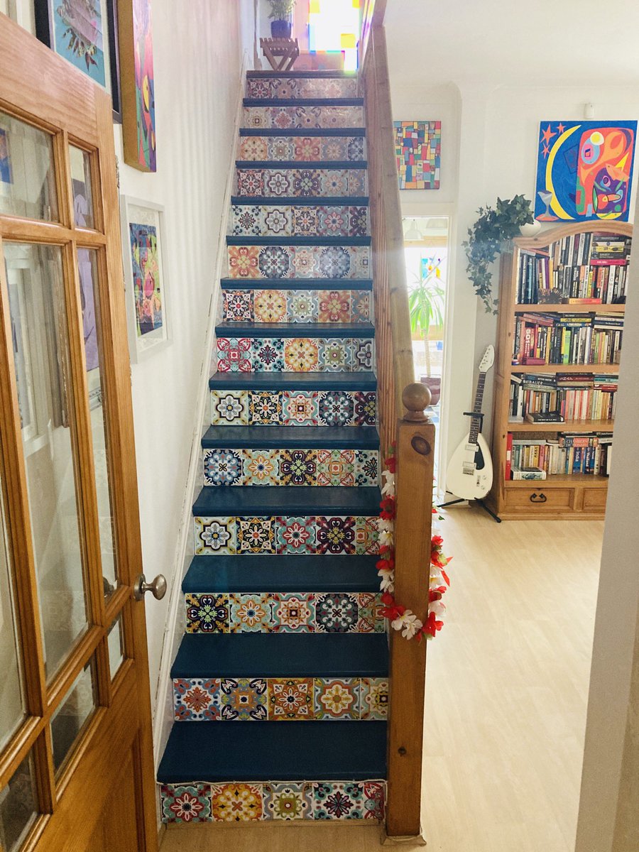 ChrisPompaArt's tweet photo. Really pleased with the new stairs. #DIY #moroccantiles #portuguesetiles #paintedstaircase https://t.co/Fx8gdN99oh