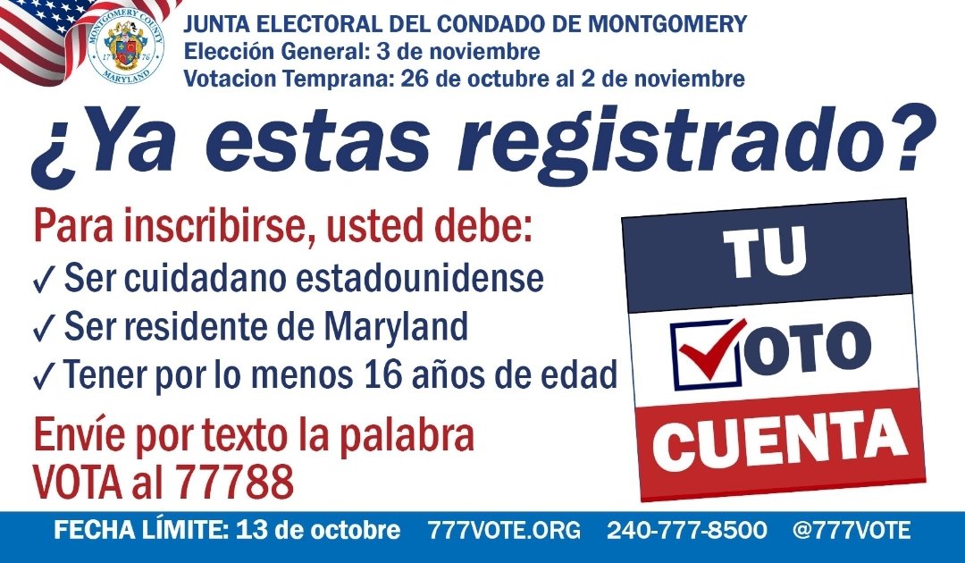 777Vote's tweet photo. Agradecimiento al concejal @nancy_navarro por conectar #777vote con el electorado latino / hispano.
Registrase para votar. Envie mensaje de texto con la palabra VOTA al 77788.
Plazo: 13 de oct
Vote por correo. Envie mensaje de texto con las letras VPC al 77788.
Plazo: 20 de oct https://t.co/fmO2PCFVYR