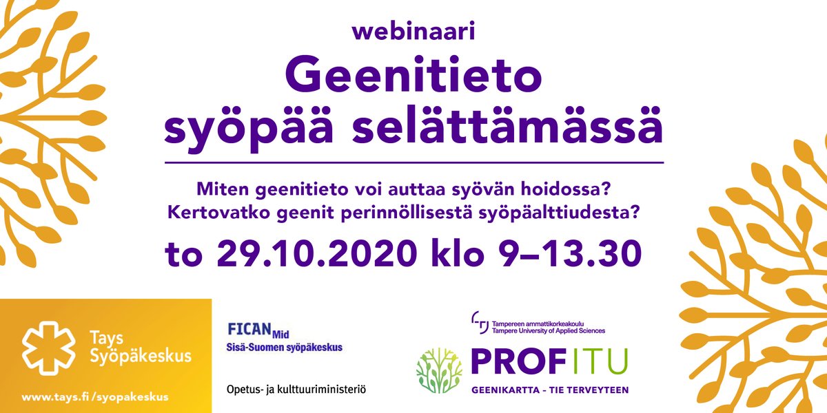 Ilmoittaudu mukaan Geenitieto syöpää selättämässä -webinaariin! 29.10.2020 klo 9-13.30. lomake.tamk.fi/lomakkeet/3008…
Webinaari on maksuton.

#genomitieto #genomics #FICAN #Syöpäkeskus #ProfituTamk <a href="/ProfituTamk/">PROFITU</a> <a href="/Tays_sairaala/">Tays</a> @TAMK_UAS <a href="/okmfi/">Opetus- ja kulttuuriministeriö</a>