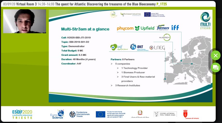 CBE_JU's tweet photo. ๐จ Tiago Guerra (@algae4future & @BBI2020 #MULTISTR3AM project):
'The project aims to improve the #circularity of the blue #bioeconomy and boost the utilisation of waste streams from large companies. It will also decrease the costs via a multi-biorefinery.'
#ESOF2020 https://t.co/YHhRWww9lL