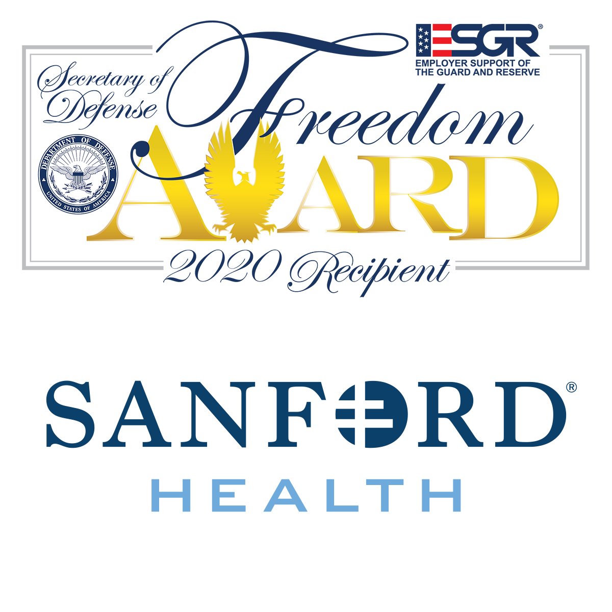 ESGR's tweet photo. Sanford Health proudly recognizes #GuardandReserve employees with ceremonies, awards &amp; scholarships; ensures they &amp; their families feel valued. Bearer of 70+ employer support awards, @SanfordHealth receives 2020 #SecDefFreedomAward. Nominated by @USNationalGuard employee. https://t.co/jcwwHXxK1X
