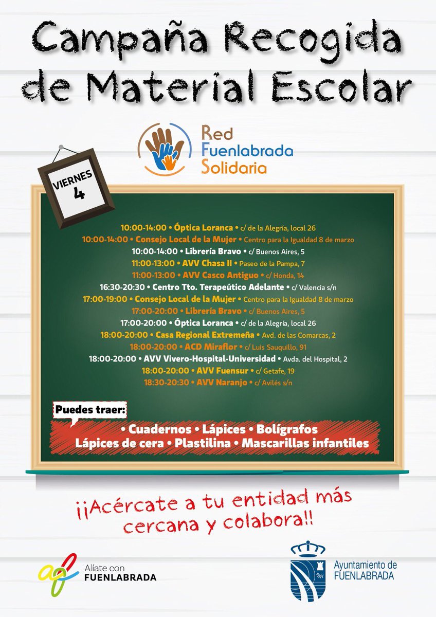 Continuamos con la recogida de material escolar. Gracias a todos y todas los que cada día os acercáis a alguno de estos puntos para colaborar con vuestra aportación. 👏🏻👏🏻👏🏻👏🏻