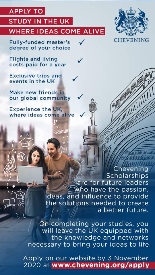 The application window for the UK government's fully funded #Chevening Scholarships is now open until 3/11/2020. Successful applicants recieve full financial support for a 1 year Master's degree at any university.

Find out if you're eligible to apply 👉chevening.org/apply