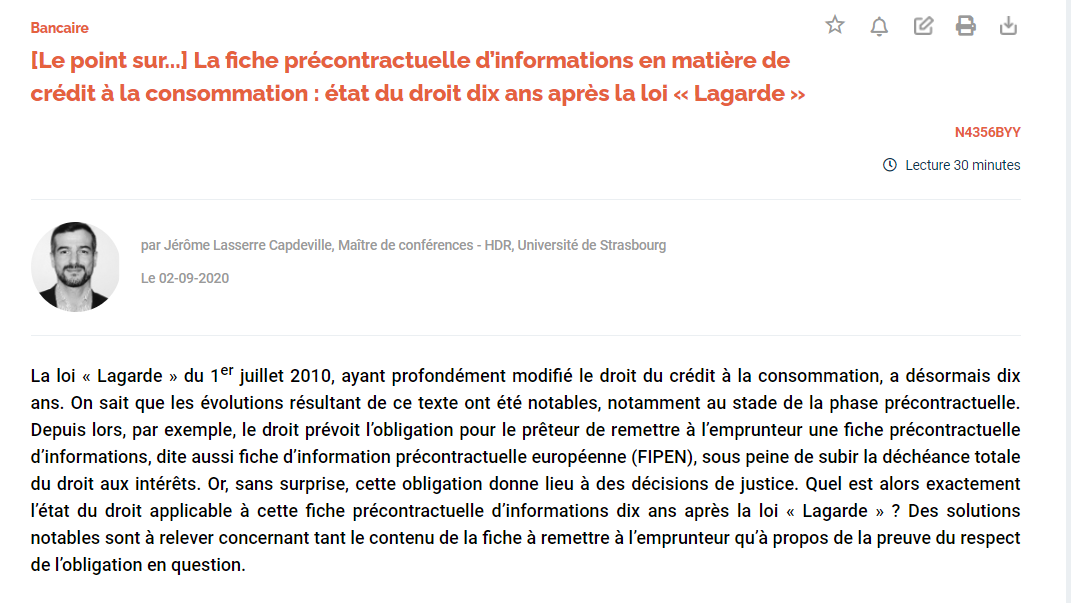 LexbaseAffaires's tweet photo. #banque 
A lire cette semaine dans @LexbaseAffaires l'étude de Jérôme Lasserre Capdeville "La fiche précontractuelle d’informations en matière de #crédit à la consommation : état du droit dix ans après la loi « Lagarde »" https://t.co/ea9P8Ia5Qi