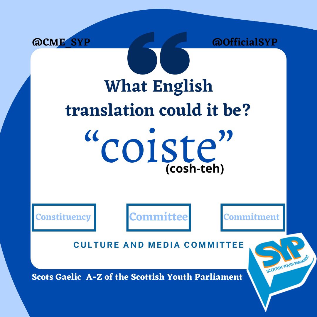 CME_SYP's tweet photo. ✨Third day of the ‘SYP from A to Z’ with a brand new Gaelic Word✨

What could this one mean? Is it Constituency, Committee or maybe Commitment? Let’s us know your guess by commenting below!💙 https://t.co/siOc9G5342