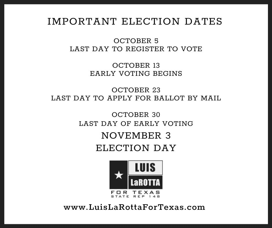 larottafortexas's tweet photo. We are exactly two months away from election day! Mark these dates down in your calendar and let your family and friends know too! #Election2020 #TX148 #LaRottaforTexas https://t.co/cl9NXalvQG