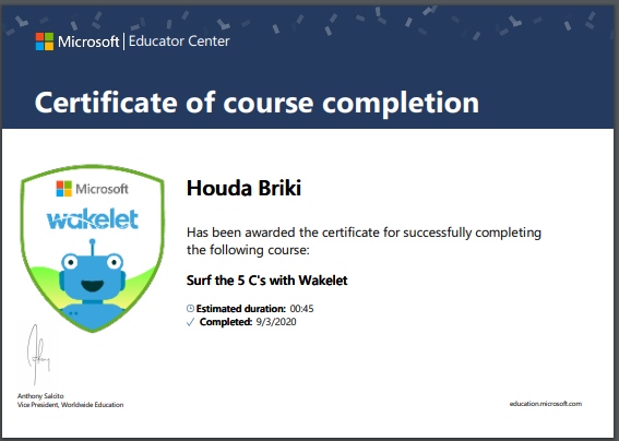 brikihouda4's tweet photo. thank you #MicrosoftEDU for this certificat #WakeletWave  #WakeletSpaces  #wakelet #MIEExpert #MicrosoftMasterTrainer https://t.co/xkT05YchVK