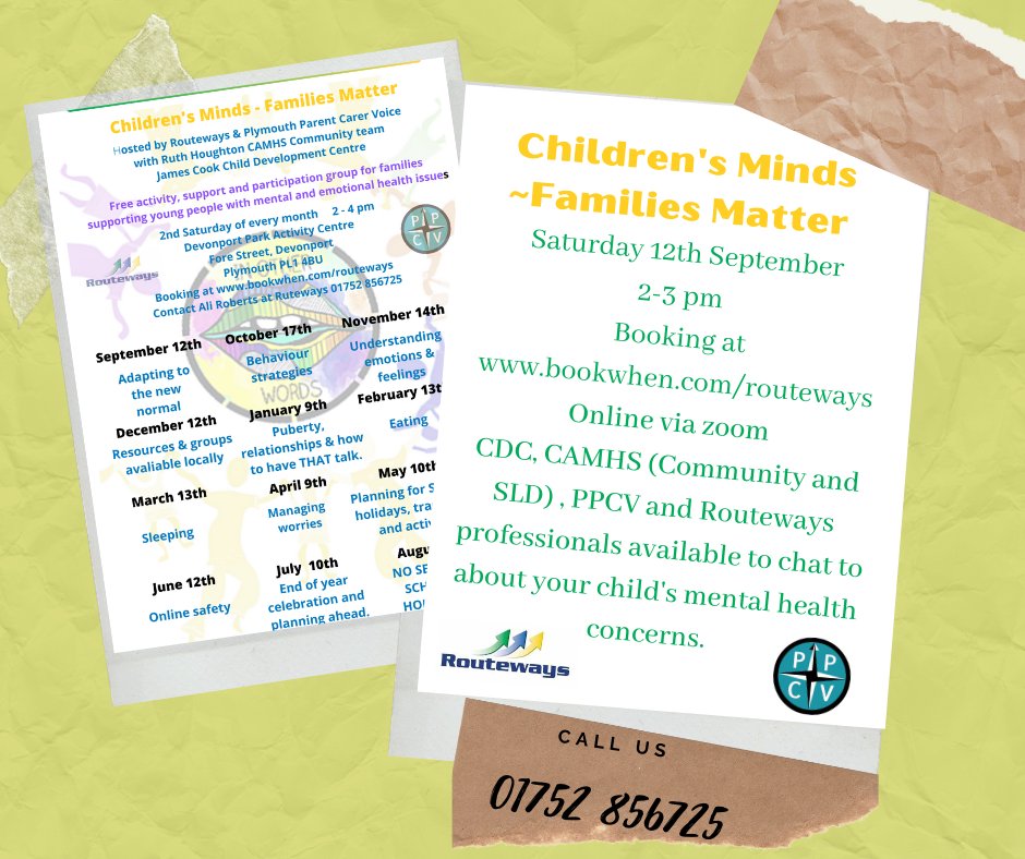 This month's Children's Minds Families Matter will be on the theme of Adapting to the new normal. The session runs from 2 -3 online Saturday 12th September. Booking online www.bookwhen/routeways call us on 01752 856725 if you have any questions.