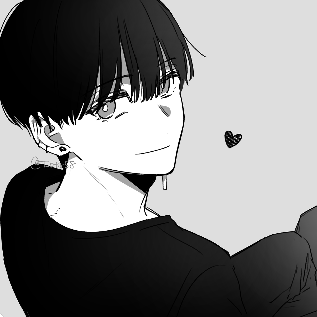 greyscale monochrome solo looking at viewer heart earrings 1boy  illustration images