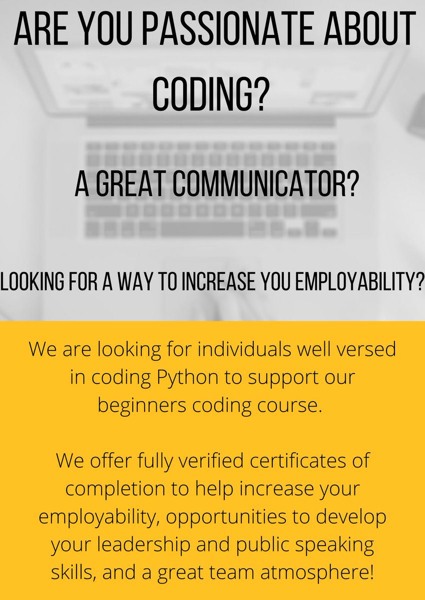 creators_code's tweet image. We&apos;re looking for mentors! If you have Python coding knowledge and are looking for an opportunity to increase your employability then we are looking for you!

Click here to find out more: enactussheffield.org/codecreators/ to sign up!

#coding #Theuniveristyofsheffield