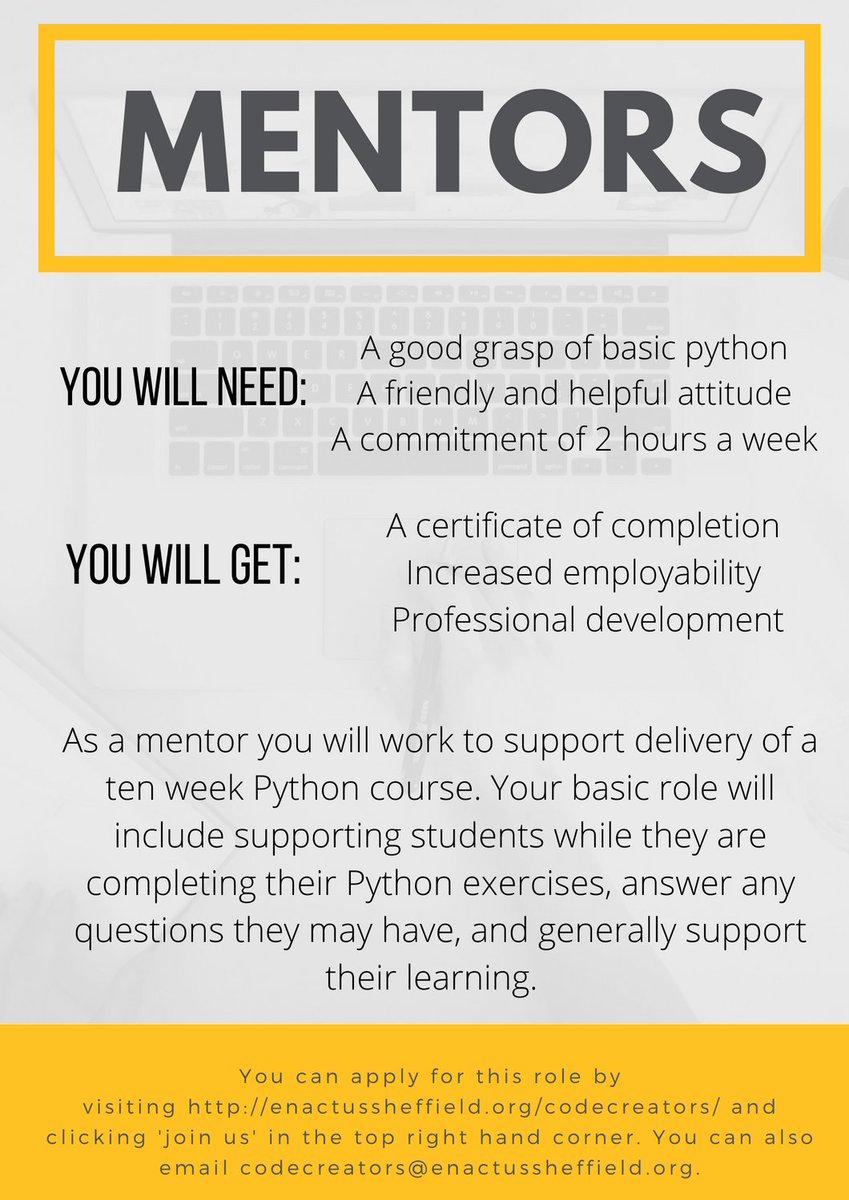 creators_code's tweet image. We&apos;re looking for mentors! If you have Python coding knowledge and are looking for an opportunity to increase your employability then we are looking for you!

Click here to find out more: enactussheffield.org/codecreators/ to sign up!

#coding #Theuniveristyofsheffield