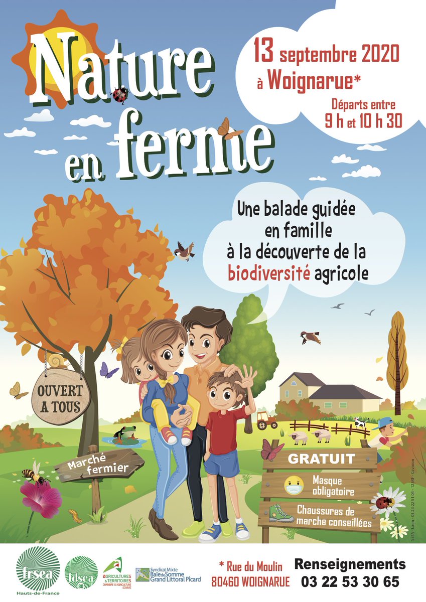 <a href="/FRSEAHdF/">FRSEA Hauts de France</a> <a href="/FDSEA80/">FDSEA Somme</a> organisent une rando nature le 13/09 à la découverte de la biodiversité à Woignarue. Une balade de 1h/1h30 en plaine et dans les bas-champs de 6km, en compagnie d’agriculteur(s) du Vimeu. <a href="/ja_somme/">JA Somme</a> <a href="/PicardieLait/">PICARDIE LAIT</a> <a href="/Chambagri80_div/">🌾 Div Chambre d'Agriculture 80</a> <a href="/baiedesommeorg/">Syndicat Mixte Baie de Somme Grand Littoral Picard</a>