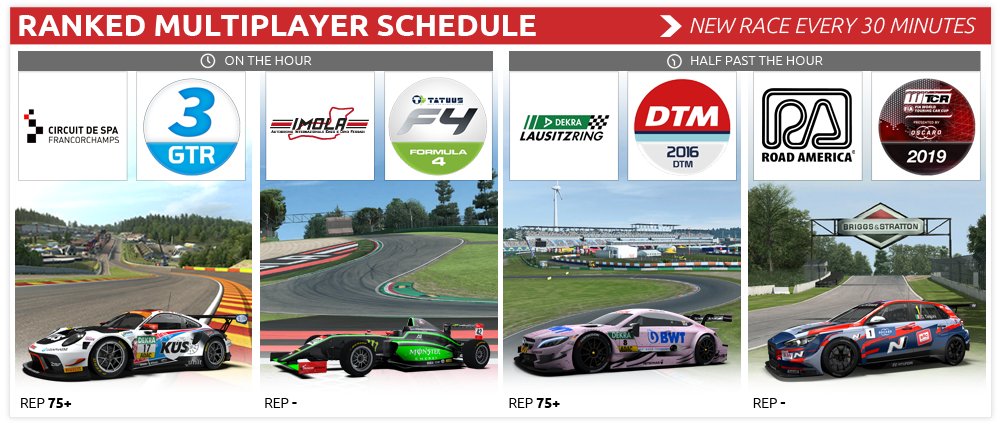 raceroom's tweet photo. #RaceRoom Ranked Multiplayer schedule for this week 

🕘 Races every 30 minutes
🏆 Improve your Reputation &amp; Rating
📈 Track your stats on your profile page https://t.co/cGpVtm1lfZ