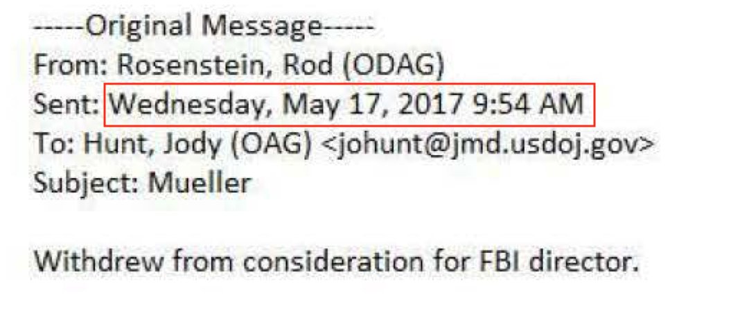 Rosenstein email, just released in FOIA. Mueller "withdrew from consideration for FBI Director", sent on the morning of day after the "interview" with Trump, May 17, 2017.Source:  https://www.justice.gov/oip/foia-library/general_topics/correspondence_rod_rosenstein_08_25_20/download(Note: Rosenstein appointed Mueller Special Counsel later that same day)