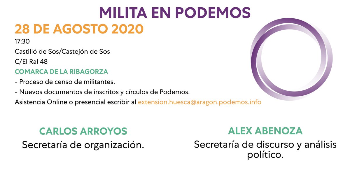AragonAlto's tweet image. Empezamos la ruta por el territorio para explicar los nuevos documentos de inscritos y círculos. @PodemosAragon 
Mañana empezamos por la Ribagorza.
@ArroyosCarlos @abenoza_alex 
28 DE AGOSTO 
Asistencia Online o presencial escribir al extension.huesca@aragon.podemos.info