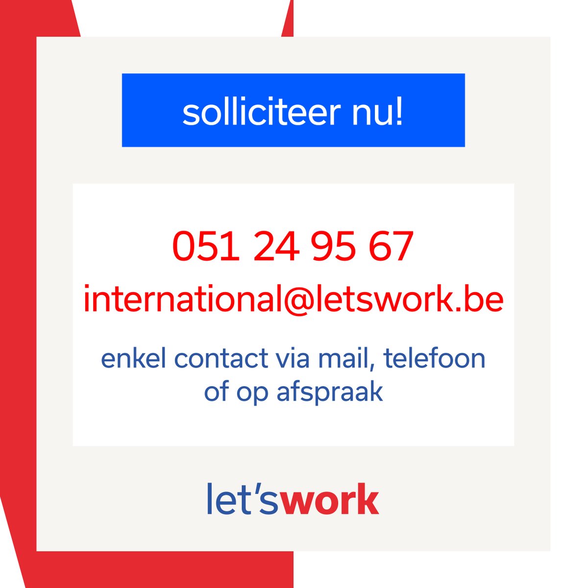 LetsWorkBE's tweet photo. Let's Work International werft aan ... ⁠
⁠
🔹 Schrijnwerker
🔹 Versnijder
🔹 Lasser
🔹 Chauffeur C/CE
⁠
Solliciteren? Bel 📞 051 24 95 67 of mail ✉️ international@letswork.be. ⁠
⁠⠀⁠
Let's Work Together! ❤️⁠ ⁠
#ltswrk #hrspecialist #jobsearch https://t.co/1EwFwbg8bN
