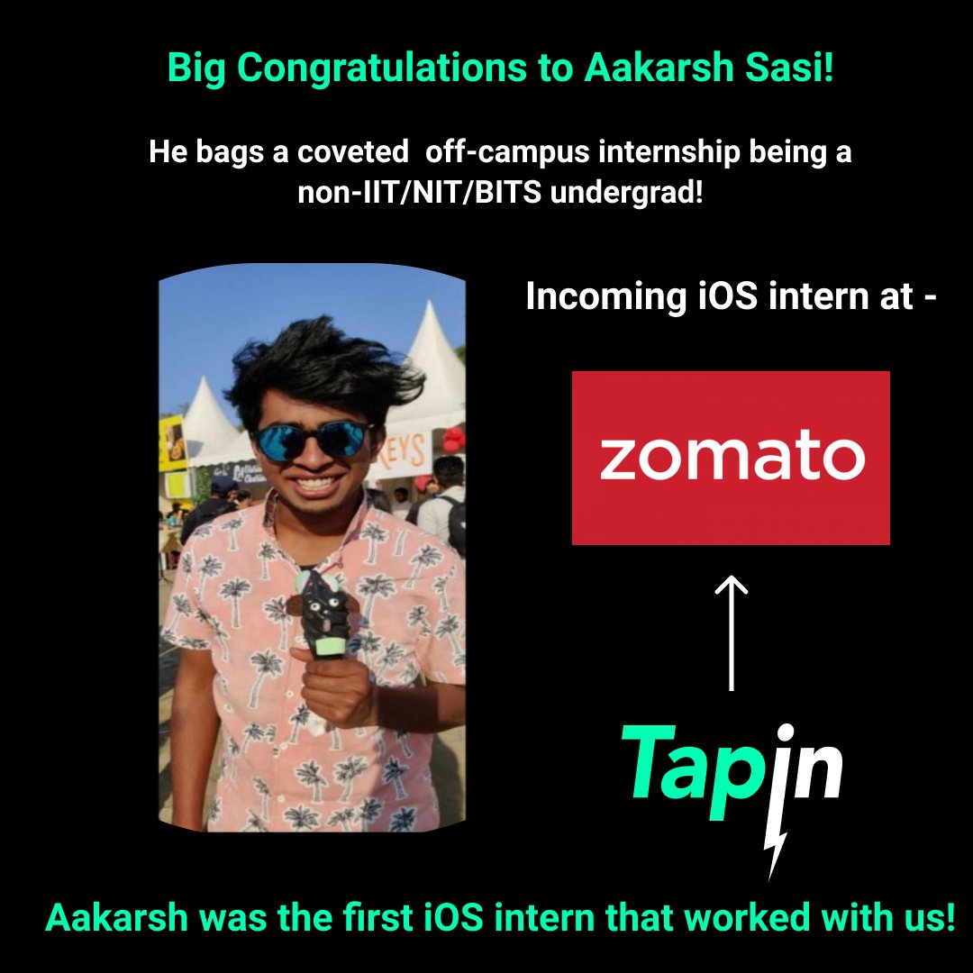 realTapIn's tweet photo. .@Zomato is lucky to have our first iOS intern joining them 🎉

Best wishes going forward, @aakarshsasi 💫

Make it count 🌟

P.S- We know you will 🙂 https://t.co/PDYRBg8TuC