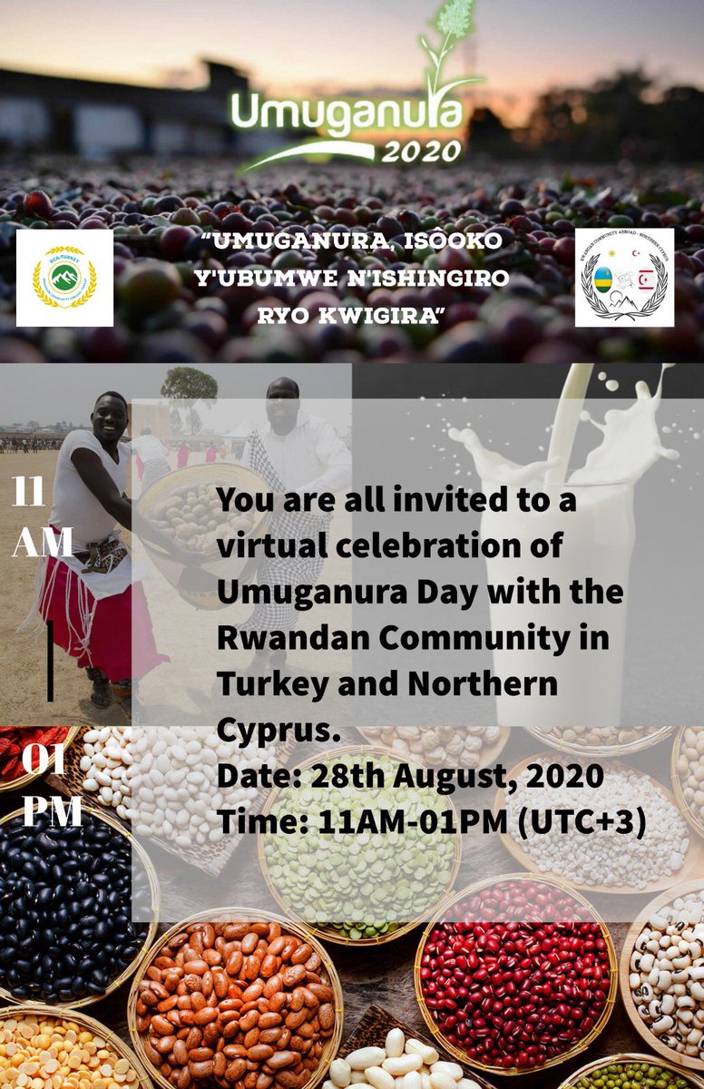 rcaturkey's tweet photo. SAVE THE DATE!!
Join us and @RwaComCYPRUS Tomorrow [11am-01PM (UTC+3)] and virtually celebrate #Umuganura -A national day in #Rwanda where celebrate our achievements and unity, striving to build an even better future! 
#UmuganuraAbroad 
#umuganura2020 https://t.co/vfMhZpZUjc
