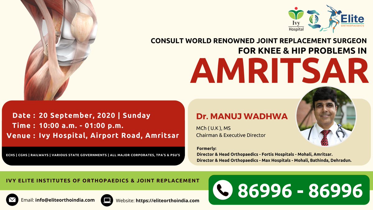 DrManujWadhwa's tweet photo. OPD for Knee &amp; Hip Problems in #Amritsar

• 20 September, 2020
• 10:00 a.m. - 01:00 p.m.
• Ivy Hospital, Airport Road, Amritsar

Call 86996-86996

#EliteOrthopaedics #KneeReplacement #JointCare #HipReplacement #KneeReplacementCost #BestKneeReplacement  #BestOrthopaedicsSurgeon https://t.co/3ERNCPJKJQ