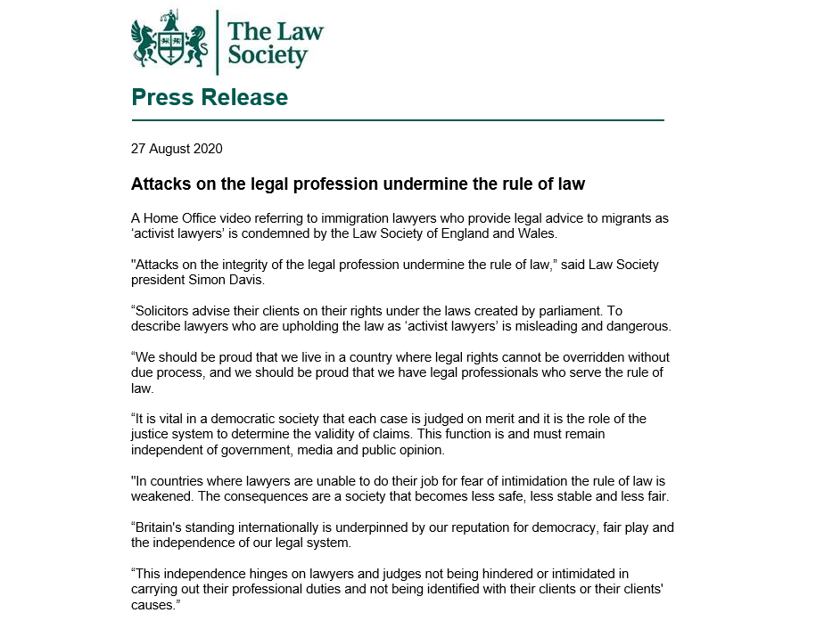 The independence of our legal system hinges on lawyers and judges *not being hindered or intimidated in carrying out their professional duties* and not being identified with their clients or their clients' causes. See our press release  https://www.lawsociety.org.uk/contact-or-visit-us/press-office/press-releases/attacks-on-the-legal-profession-undermine-the-rule-of-law