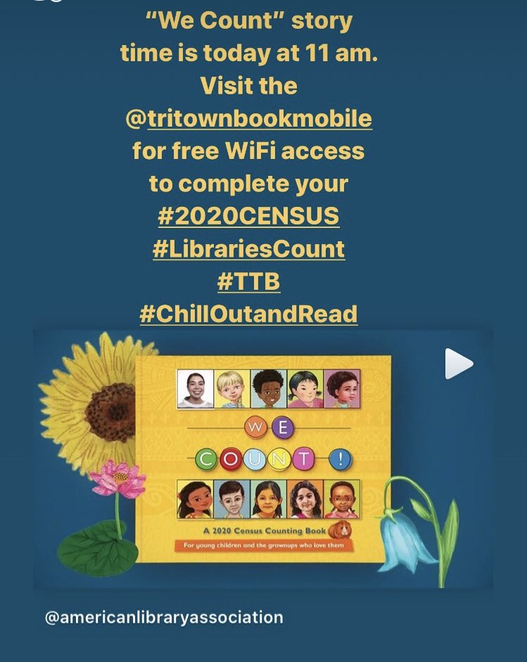 TriTownBookmobi's tweet image. The “We Count” story time online is today at 11 AM. Please know the #TTB offers free WiFi access. You can use it to complete your #2020Census #librariescount #countonlibraries 📚🚍 #ChillOutandRead 

instagram.com/p/CEU26b6lCnJ/…
