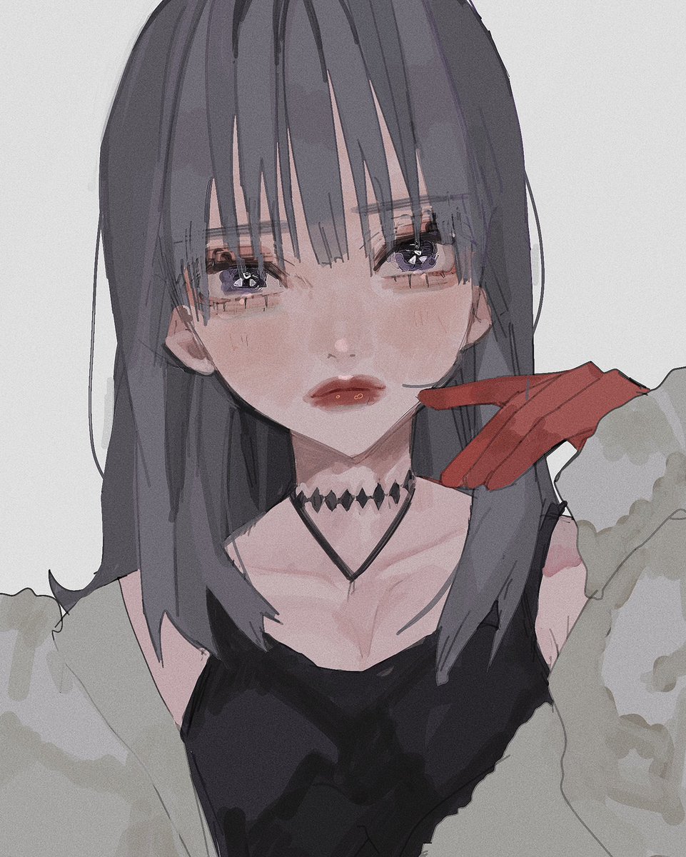 1girl solo gloves grey hair red gloves looking at viewer choker  illustration images