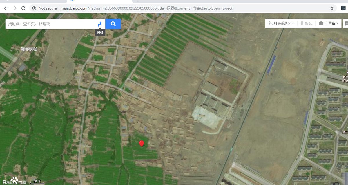 We started to look at Chinese mapping platform Baidu and quickly noticed that the satellite images seemed to be loading badly in the vicinity of one of the known internment camps. As you zoomed in, a blank light grey tile would appear…