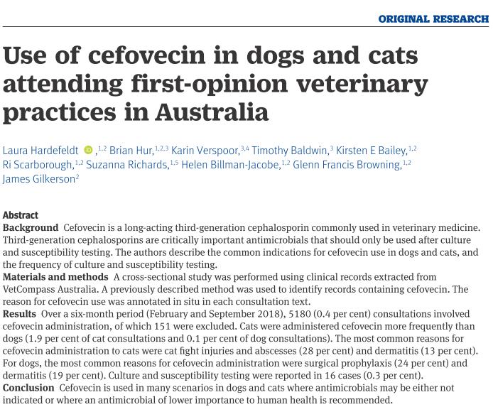 ApcahUnimelb's tweet photo. More great work from our prolific researchers on Antimicrobial stewardship published in @Vet_Record. ARC DECRA fellow @LauraHardefeldt et al, investigating the use of the important antibiotic Cefovecin in companion animals.
Link: https://t.co/4UCYweQqvy
#FVASresearch https://t.co/on9YkKLDPr