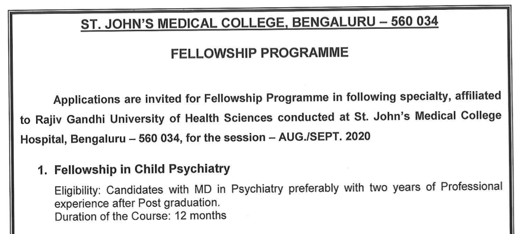 StJohns_Blr's tweet photo. #FellowshipProgram in #Psychiatry: #Applications Invited for #FellowshipPrograms in #ChildPsychiatry, affiliated to #RGUHS conducted by #SJMCH, B'lore for Aug/Sept 2020. Last date for receiving applications is 27th Aug 2020. Link to download applications: https://t.co/uAz8ht9A1j https://t.co/JYrDS1qyUV