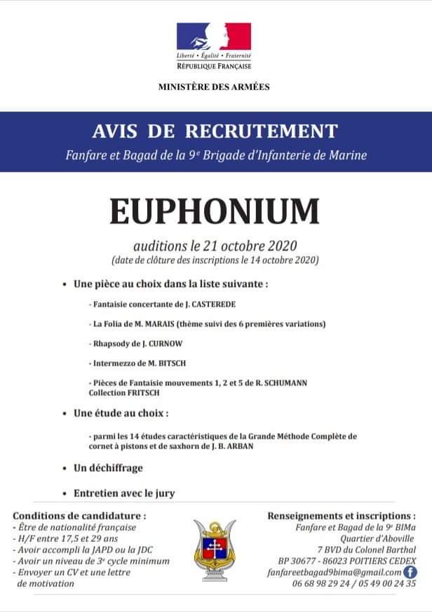 CMF_musique's tweet photo. La Fanfare et Bagad de la 9ème BIMa recrute des musicien(ne)s dans les pupitres suivants :

- Trombone
- Trompette
- Cor
- Euphonium
- Flûte
- Saxophone
- Percussions
- Tambour
- Bombarde
- Caisse écossaise
- Cornemuse

Les auditions auront lieu les 21 et 22 octobre 2020. 🎶 https://t.co/eYf6R0Bv0w