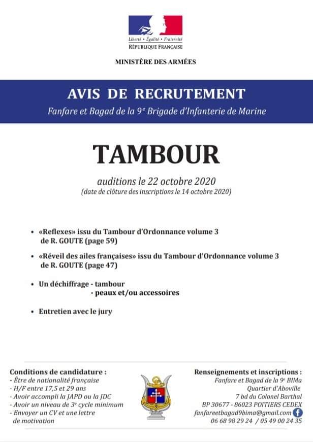CMF_musique's tweet photo. La Fanfare et Bagad de la 9ème BIMa recrute des musicien(ne)s dans les pupitres suivants :

- Trombone
- Trompette
- Cor
- Euphonium
- Flûte
- Saxophone
- Percussions
- Tambour
- Bombarde
- Caisse écossaise
- Cornemuse

Les auditions auront lieu les 21 et 22 octobre 2020. 🎶 https://t.co/ATdjMjxrkZ