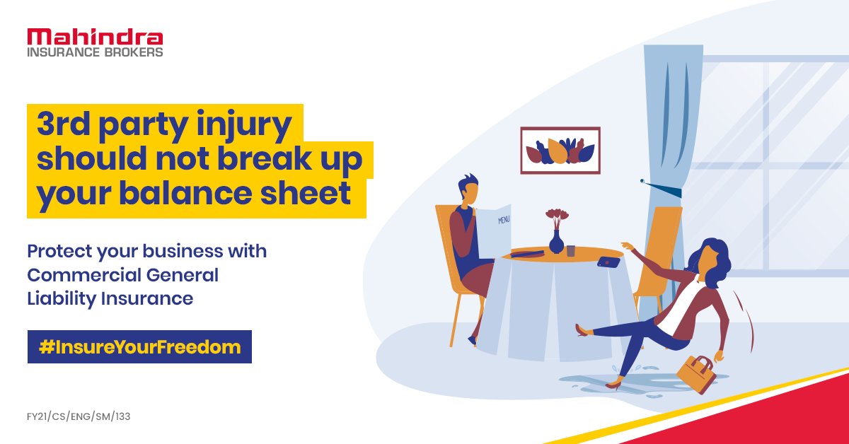 mahindra_insure's tweet photo. Customer tripping over on a slippery floor in your premises and getting injured can lead to a law suit that can cost you a fortune.
Protect your business with Commercial General Liability Insurance.
#InsureYourFreedom #CGLI #Insurance #Liability #CommercialLiability #Business https://t.co/bvju3cVzHP