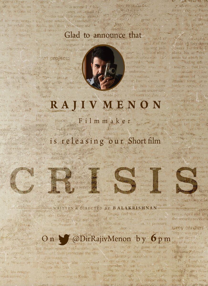 Balakrishnan (@dirbalakrishnan) on Twitter photo Glad to announce that our short film will be released by filmmaker <a href="/DirRajivMenon/">Rajiv Menon</a> sir today at 6pm ❤️
#Crisis #Shortfilm #Tamil Glad to announce that our short film will be released by filmmaker <a href="/DirRajivMenon/">Rajiv Menon</a> sir today at 6pm ❤️
#Crisis #Shortfilm #Tamil
