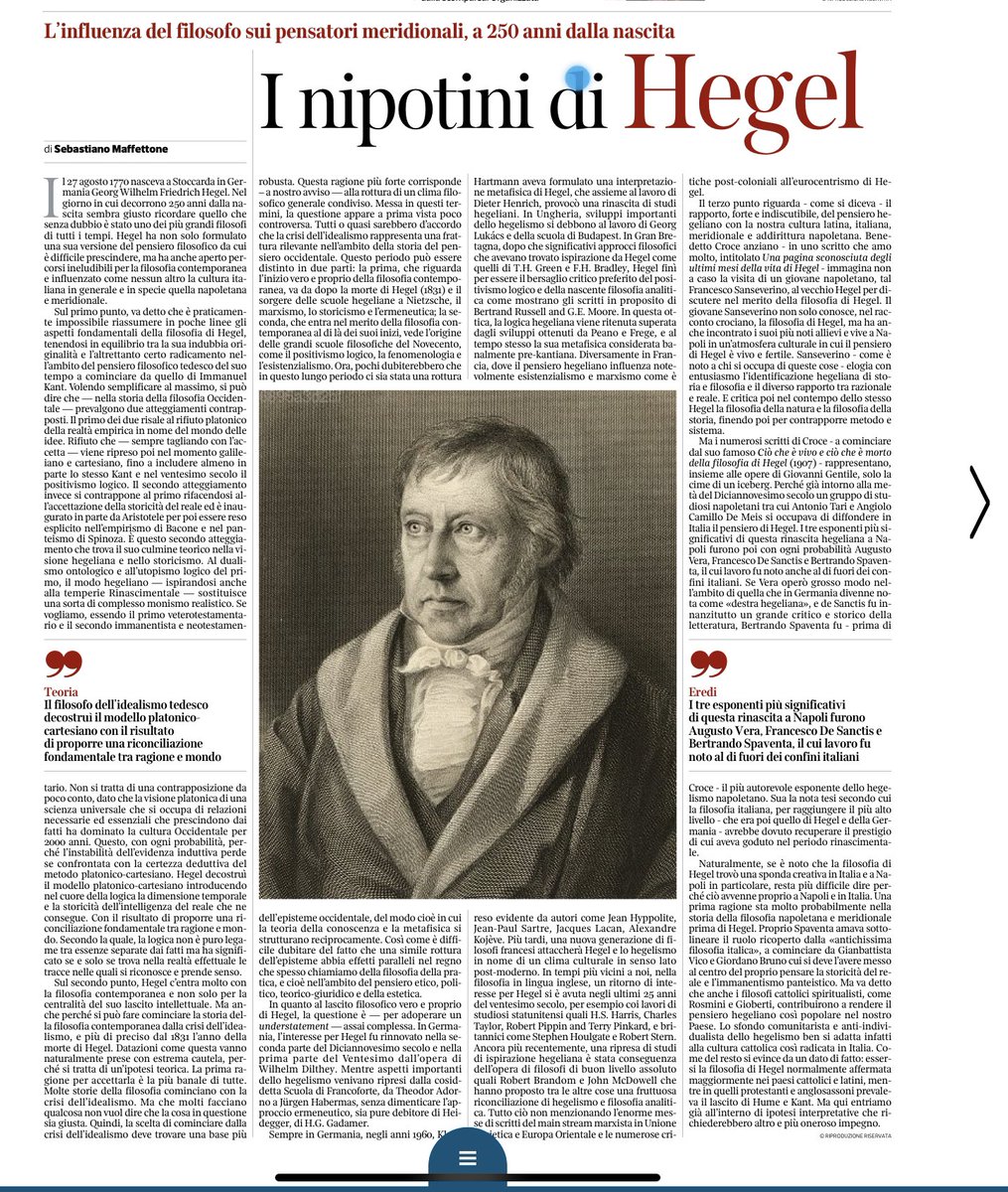 Il 27 agosto 1770 nasceva a Stoccarda Georg Wilhelm Friedrich Hegel. Un articolo di Sebastiano Maffettone sul Corriere del Mezzogiorno #Hegel250