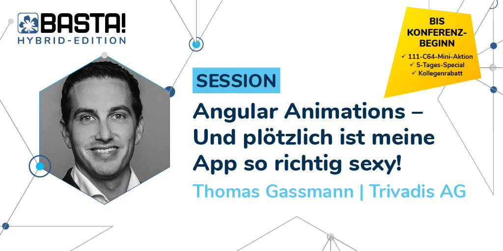 BASTAcon's tweet photo. In dieser Session erklärt  @GassmannT das Konzept von Animationen in #Angular &amp; gibt Tipps wie auch deine App so richtig sexy wird. https://t.co/ygBiAaVC88 #BASTAcon https://t.co/YGiyWhgNlN