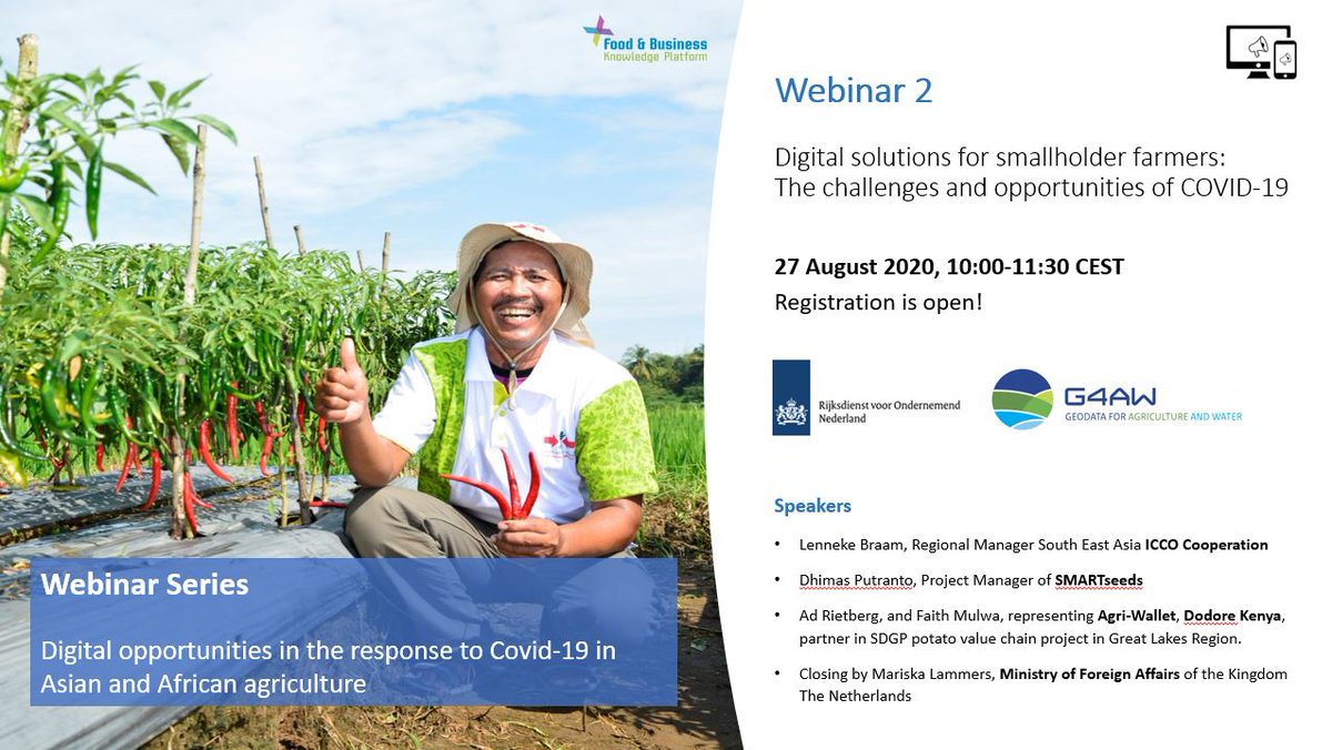 #COVID19CoPdigital | Join us TODAY!!! We will talk about digital opportunities in #agriculture.  Starting in 1 hour.
Register here: ow.ly/NBOU50AV6cw
More info: ow.ly/KUm550AV6cx

<a href="/foodplatform/">F&BKnowledgePlatform</a> <a href="/iccotweet/">ICCO Part of Cordaid</a>  <a href="/agri_wallet/">Agri-wallet</a> <a href="/DodoreKenya/">Dodore</a> <a href="/IGG_NL/">NL Global Issues</a> <a href="/MinBZ/">Ministerie van Buitenlandse Zaken</a>