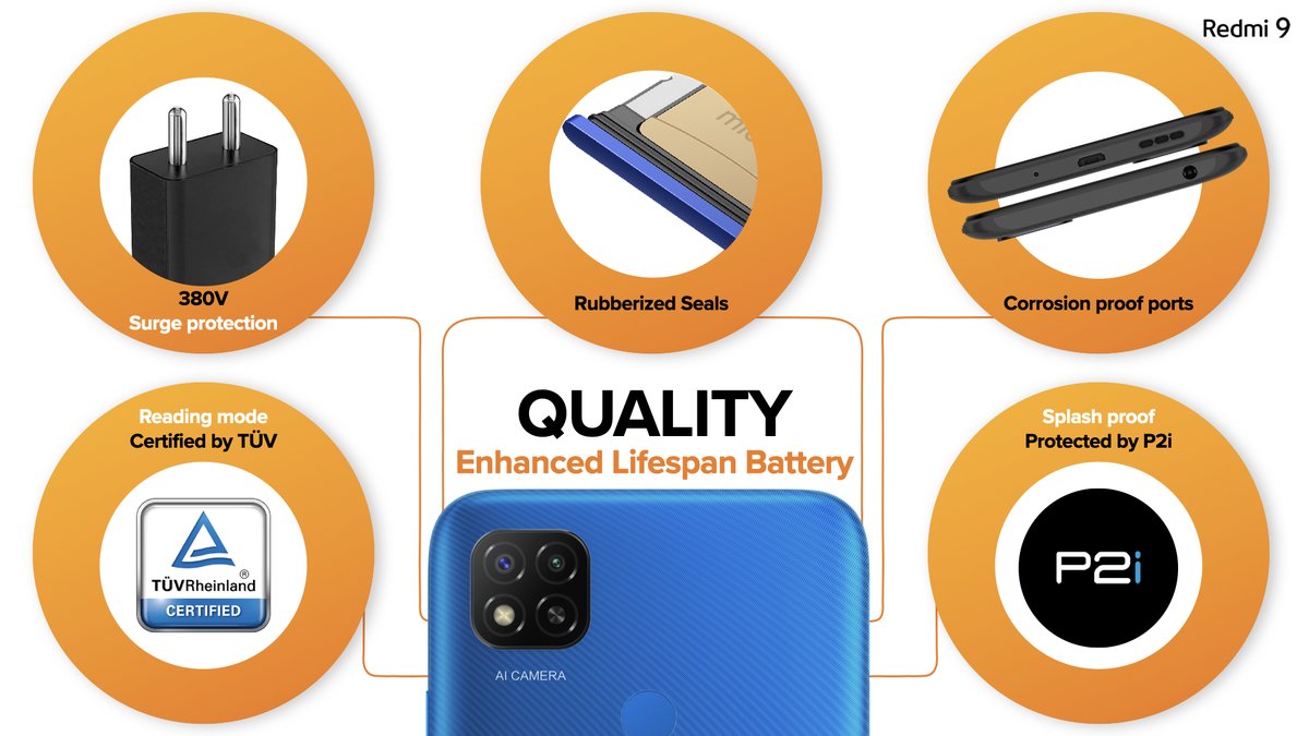 RedmiIndia's tweet photo. #Redmi9 comes with #HighestQuality #RedmiKaBharosa:
๐ Enhanced Lifespan Battery
๐ง P2i Splash Proof protection
๐ช Corrosion proof ports
๐ Rubberized seals
โก๏ธ 380V surge protection and
๐ก๏ธ TUV certified display
#MoreRAMMoreFun https://t.co/Hzw0yqSt9j