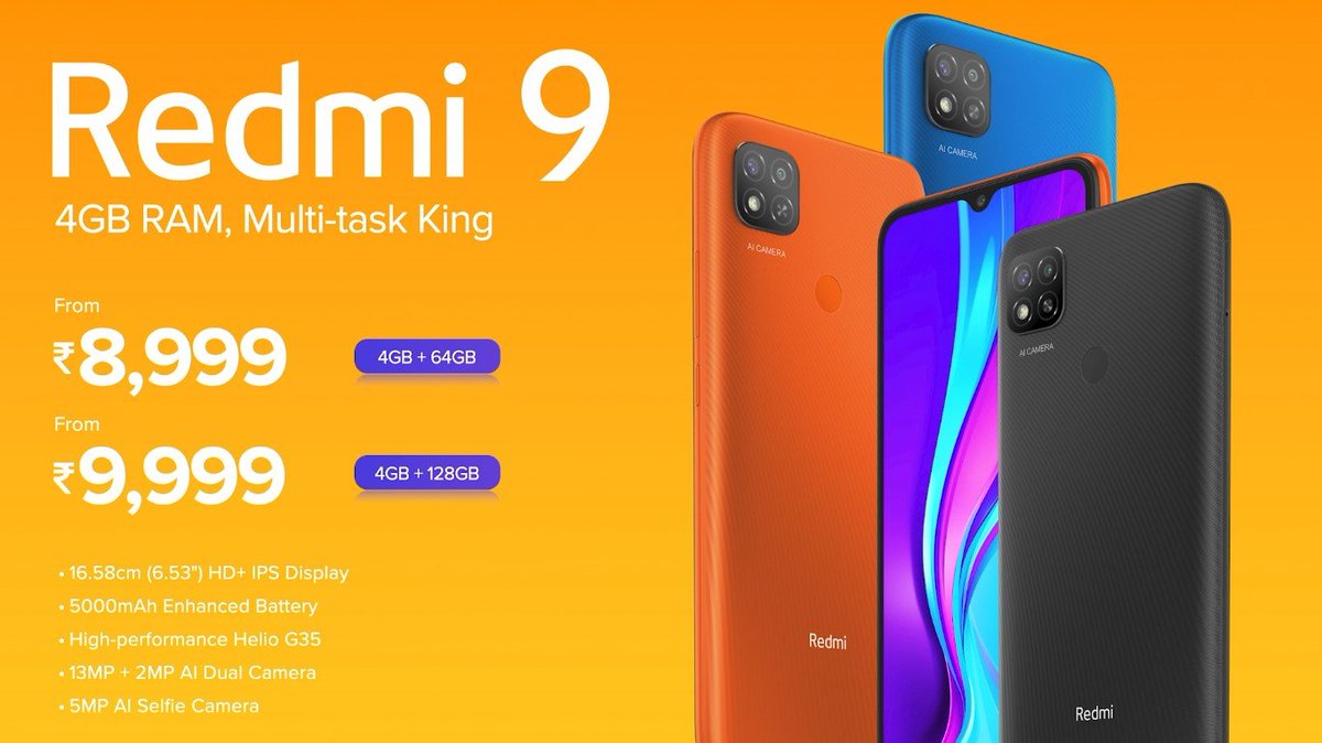 manukumarjain's tweet photo. #Redmi9, the #4gRAM Multi-Task KING!
🚄 High-performance #Helio #G35
🎮 #HyperEngine Game tech
💪 4GB RAM
🔋 #5000mAh with #ELB
🤩 BIG HD+ display
📱 #TUV Certified
😎 3 amazing colours
#HonestPrice:
👉 4GB+64GB= ₹8,999
👉 4GB+128GB= ₹9,999
#Xiaomi ❤️ #Redmi #MoreRAMMoreFun https://t.co/RDPijCOoB4