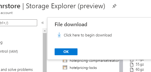 jonjarn's tweet photo. Bad UX of the day: Azure blob download. An arrow pointing at an OK button to download. But no, the OK button is actually a "Close dialog" button and the actual download link is the text "Click here"... #MicrosoftAzure #tryagain #fail https://t.co/NwW4tW4nh0
