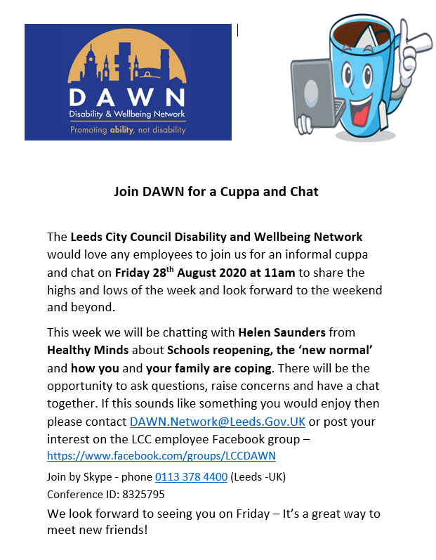 LCCDAWN's tweet photo. Why not join us for a chin wag 😇👏

@LCChealthyminds @LCC_Cleaning @LCC_BAME @LccFleet @LeedsCC_CEAQ @LCCRecoveryHubs @LCCRecoveryHubs @lcchealthwise @ScrutinyLeeds @LeedsCC_News @LeedsCC_People https://t.co/OVGEZ1sYUc
