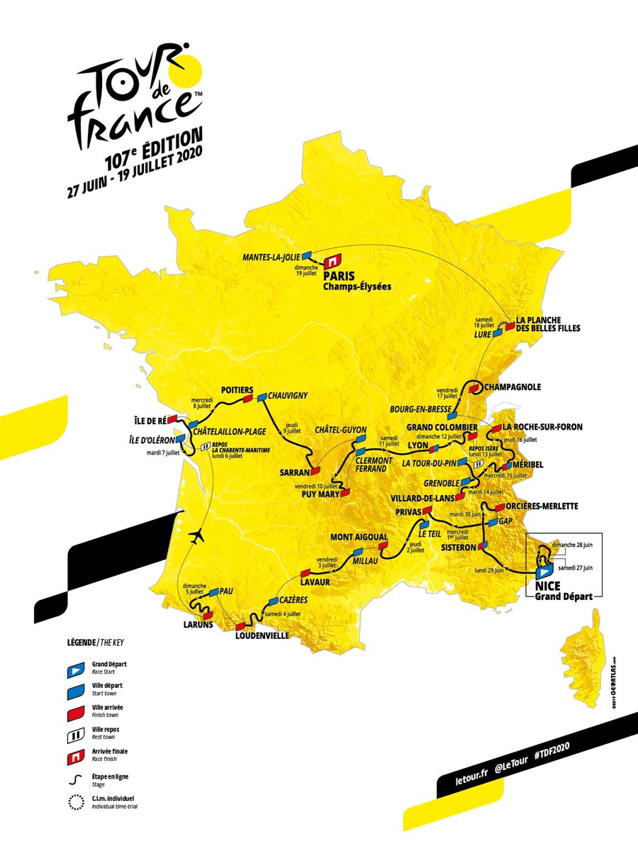 Le  #TDF2020   is starting in Nice, and over 3-weeks will make its way to Paris. Coincidentally, the Côte d’Azur and Paris are two of the biggest COVID hotspots in France. Make of the what you will (2/13)