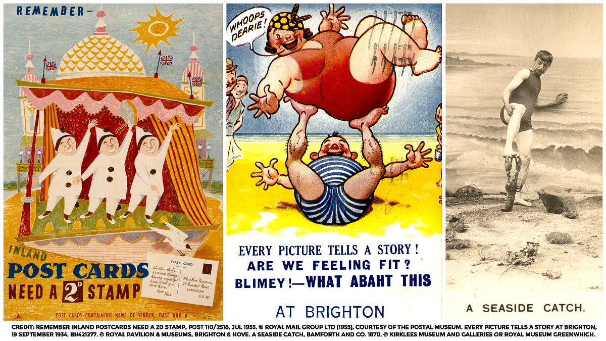 nat_collection's tweet photo. #HereComesTheSun & #TourismDay with #seasidepostcard from the 1870s to 1950s. From @PostalMuseum we have an advert from the 1950s, from @BrightonMuseums a fun postcard from 1934 and from @KirkleesMuseums a #Bamforth postcard from the 1870s. #CollectionsUnited #HBAHOutdoors https://t.co/0oHsfMyhf3