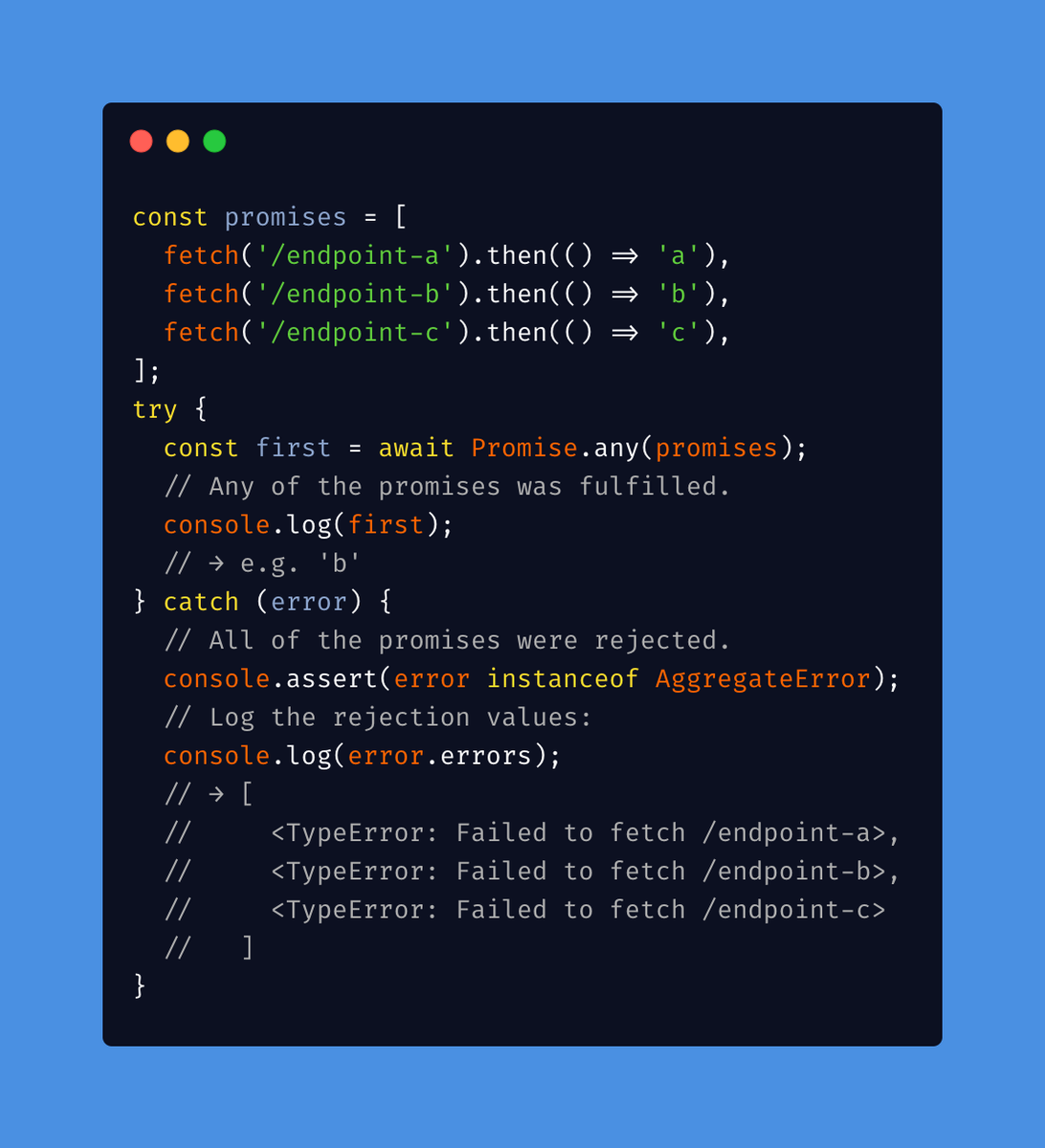 mathias's tweet image. 🔥 Promise.any is now available in Chrome, Firefox, and Safari!

(This includes the AggregateError constructor.)

v8.dev/features/promi…