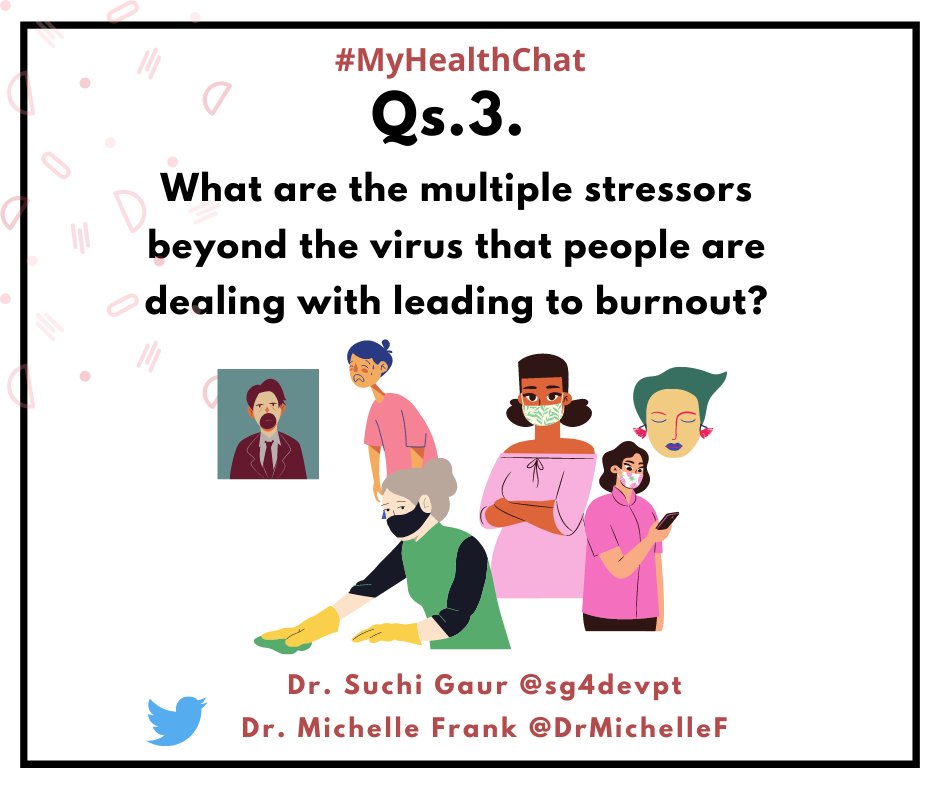 sg4devpt's tweet photo. Q3. What are the multiple stressors beyond the virus that people are dealing with leading to burnout? 

#MyHealthChat https://t.co/LoWkbXJsVB