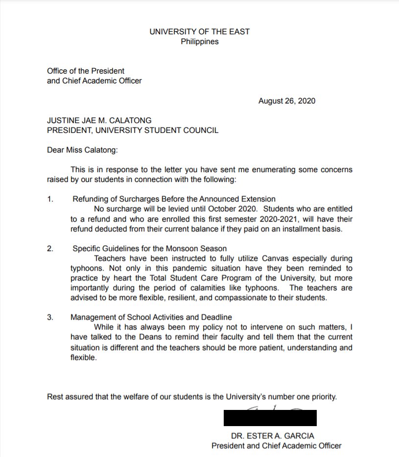 UEUSC_Official's tweet photo. COUNCIL REPORT: President Ester Garcia responded to the letter sent by the University of the East Student Council last August  23, 2020. 

READ: https://t.co/5lTaw9Kf7Q https://t.co/HuxUFiMeOV
