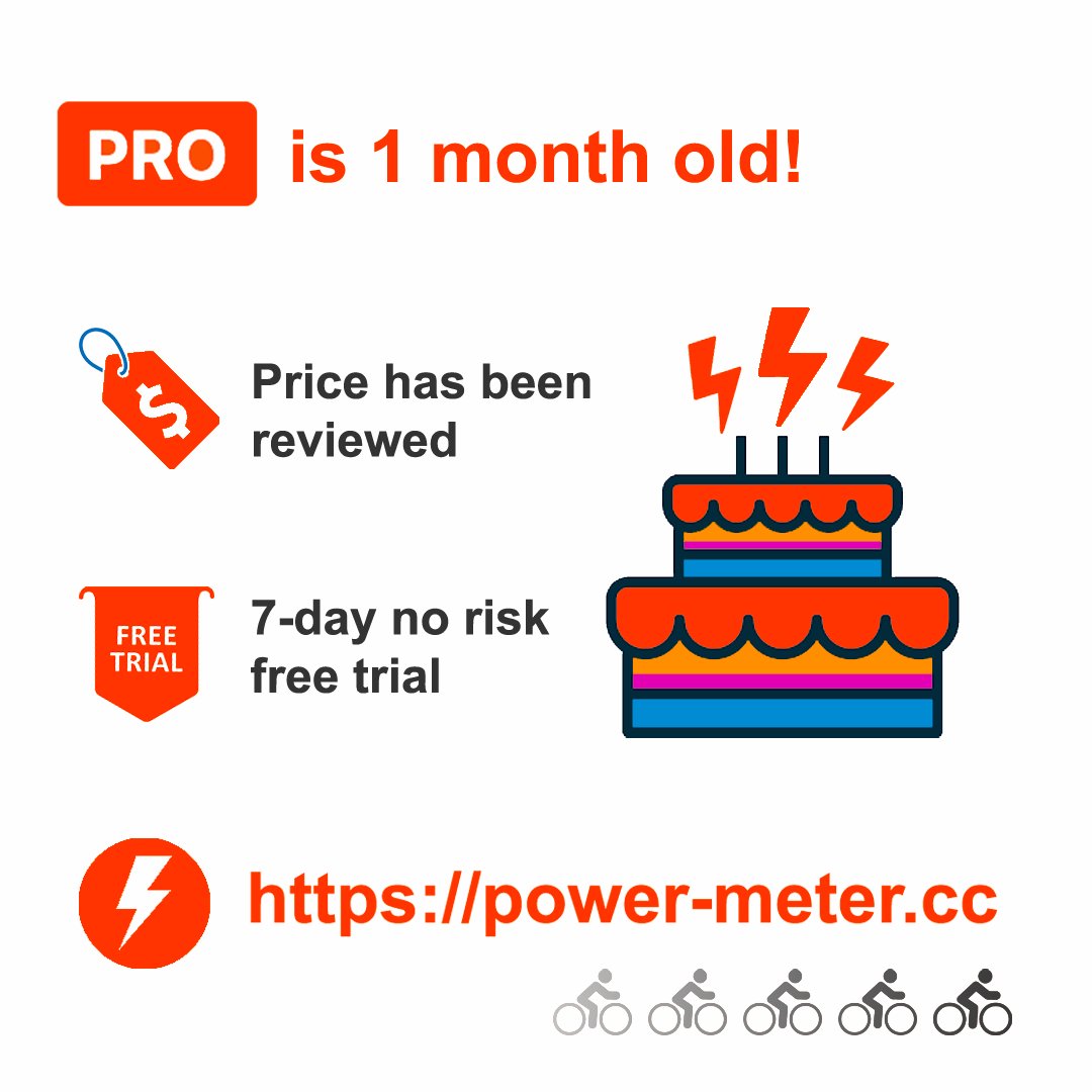 PowerMeterCC's tweet photo. How time flies - it's been one month since the PRO version launched! 🥳🎂🎉To mark the occasion the price has been reviewed, and there's a free 7-day trial!
.
🏆_ _ _ 🚴‍♀️💥💨 
.
#powermeter #strava #zwift #powertap #quarq #stages #4iiii #srm #power2max #triathlon #triathlon https://t.co/d7RVO3LSTC